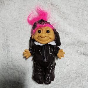 RUSS Troll Doll--Full Black Pilot Suit with HOT PINK Hair--5in